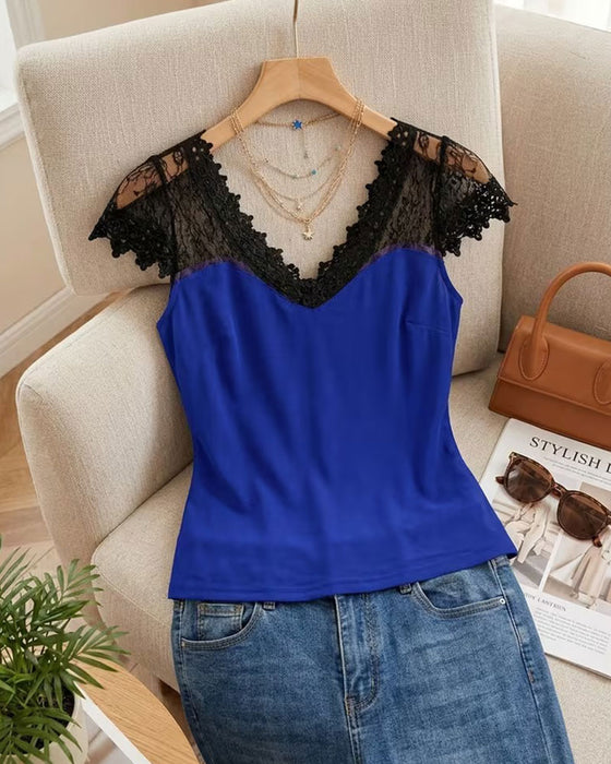 T-Shirt Dekolt W Koronka Patchwork Slim Fit
