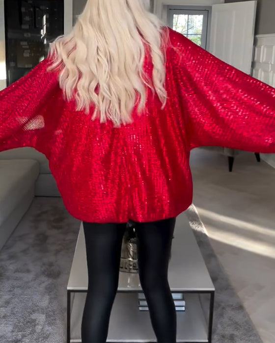 Top z cekinami i okrągłym dekoltem i rękawami typu balon