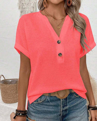 T-Shirt Wafel Dekolt V Guzik