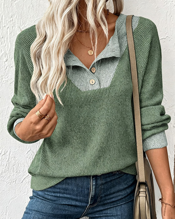 Knit Top Z Kontrastowym Kołnierzykiem Z Długim Rękawem