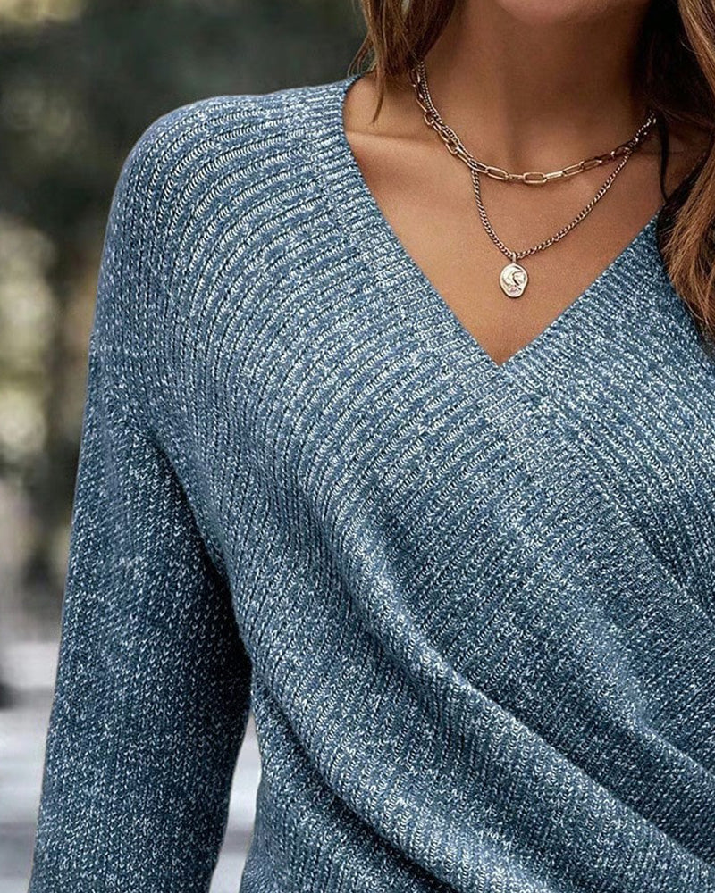 Sweter Elegancki Dekolt V Marszczony