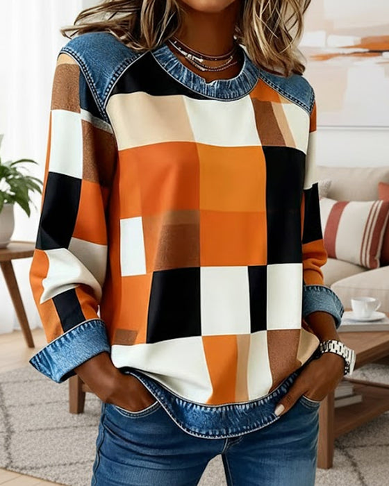 Bluza W Kraciasty Patchwork I Kontrastowym Kolorem