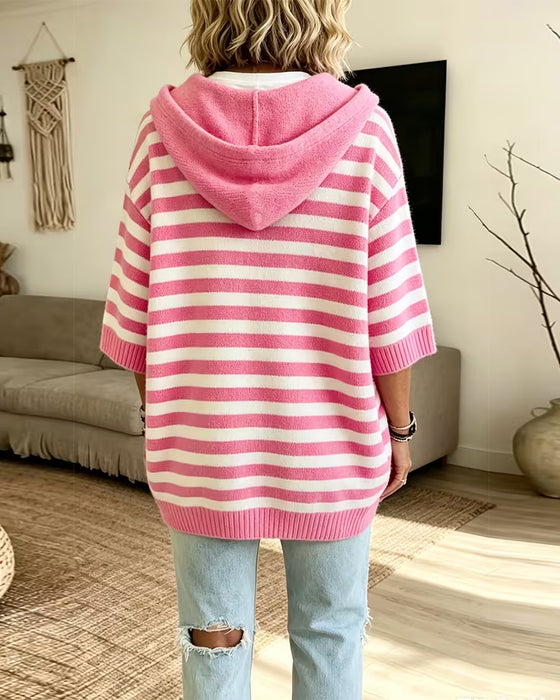 Sweter Pasek Kaptur Luźny Trzy Czwarte Rękaw