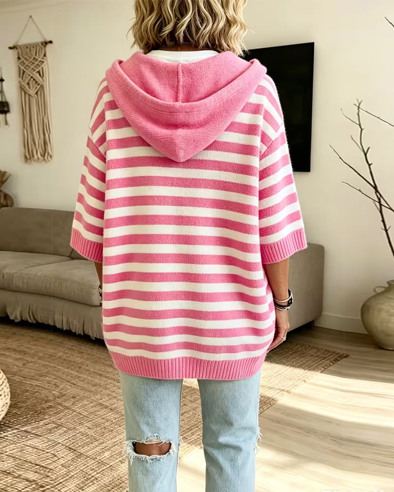 Sweter Pasek Kaptur Luźny Trzy Czwarte Rękaw