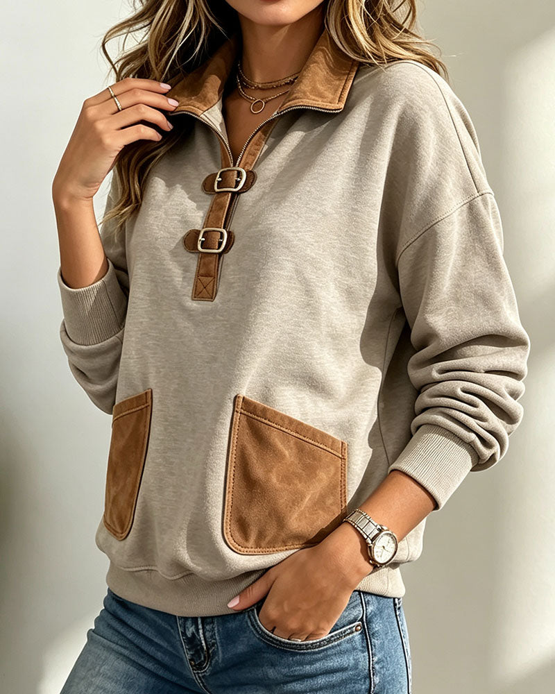 Bluza Zamsz Patchwork Kieszeń