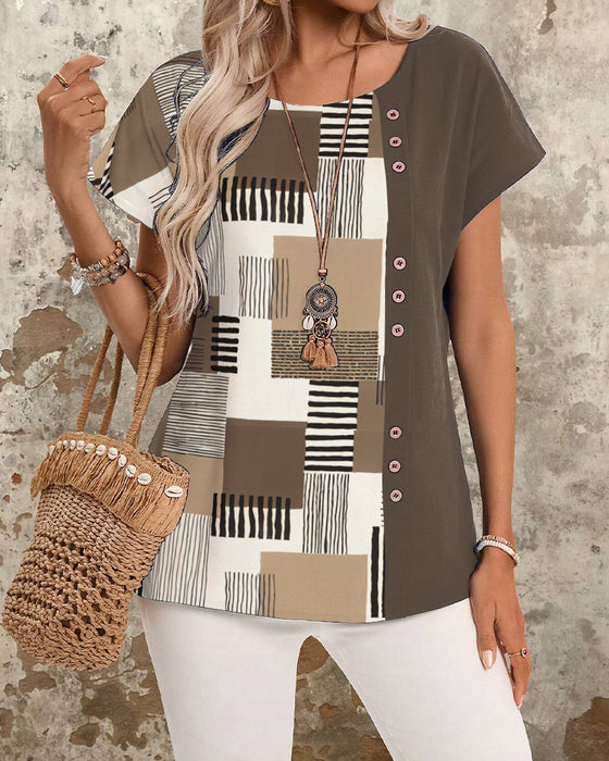 T-Shirt Z Nadrukiem Geometrycznym W Paski