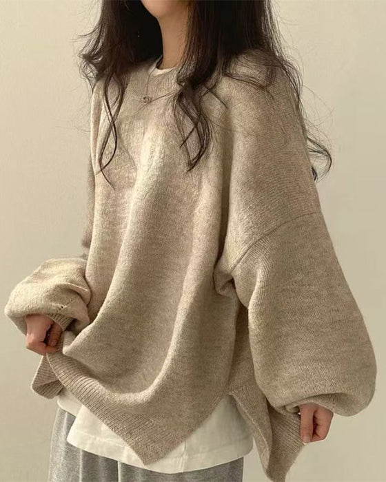 Sweter Okrągły Dekolt Bok Rozcięcie