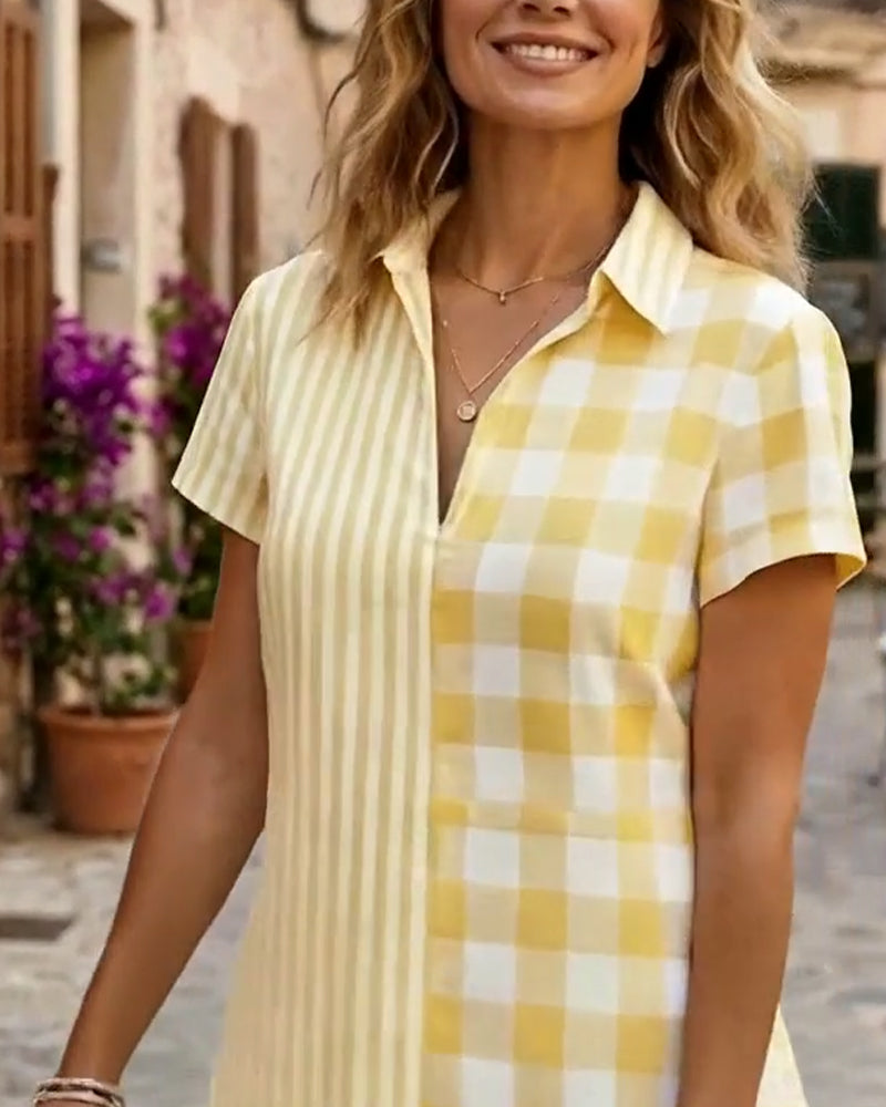 Sukienka W Kratę I Paski Patchwork Koszula