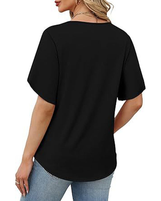 T-Shirt Dekolt W Kształcie Litery V Małe Rozcięcie Krótki Rękaw Jednokolorowy