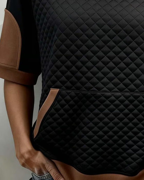 Bluzka Okrągły Dekolt Patchwork Diamentowy Wzór