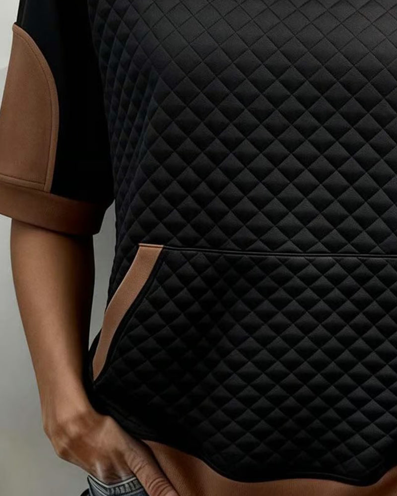 Bluzka Okrągły Dekolt Patchwork Diamentowy Wzór