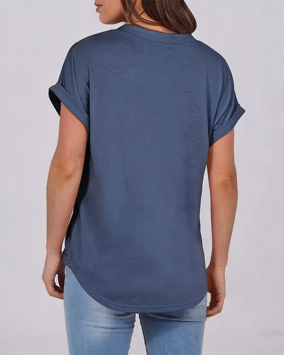 T-Shirt Jednokolorowy Dekolt W Serek Krótki Rękaw