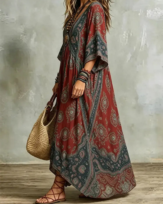 Sukienka Vintage Bohemia Dekolt W Serek Drukowana Maxi