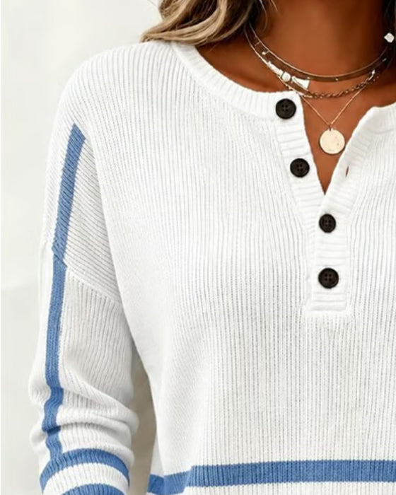Pullover W Paski Henley Dzianinowy