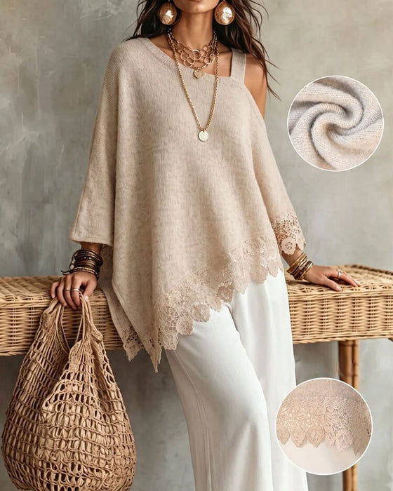 Sweter Jedno Ramie Koronkowy Brzeg Patchwork