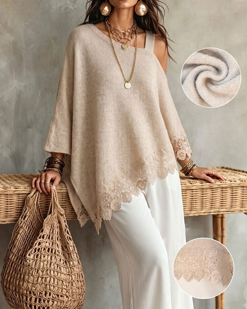 Sweter Jedno Ramie Koronkowy Brzeg Patchwork
