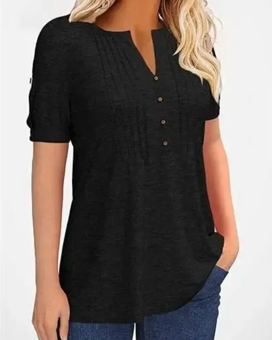 T-Shirt Plisowany Henley Krótki Rękaw