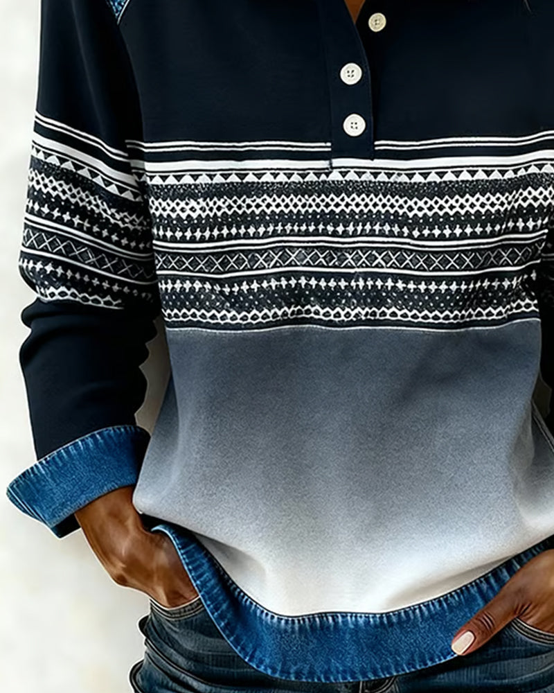 Bluza Z Projektem Kołczunu Lapel Z Przyciskami, Wzorem Pasów I Kolorem Degradowanym