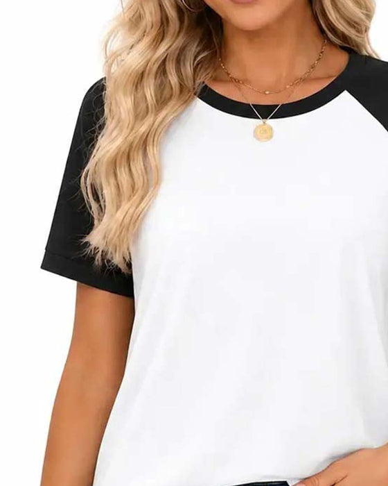 T-Shirt Okrągły Dekolt Blok Kolorów Rękaw Raglan
