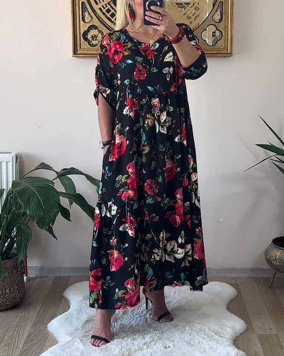 Sukienka Luźna Oversize Okrągły Dekolt Drukowana