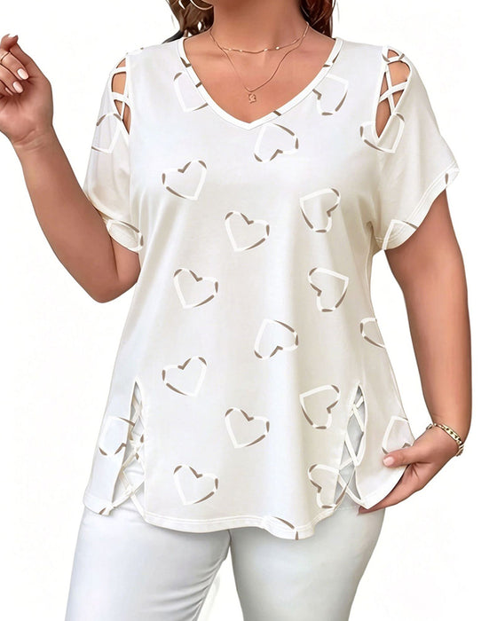 T-Shirt Wzór Serce Ażurowy Krótki Rękaw