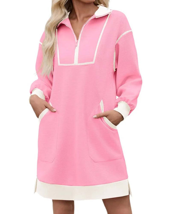 Sukienka Half Zip Długi Rękaw Kolorowe Bloki Krótka