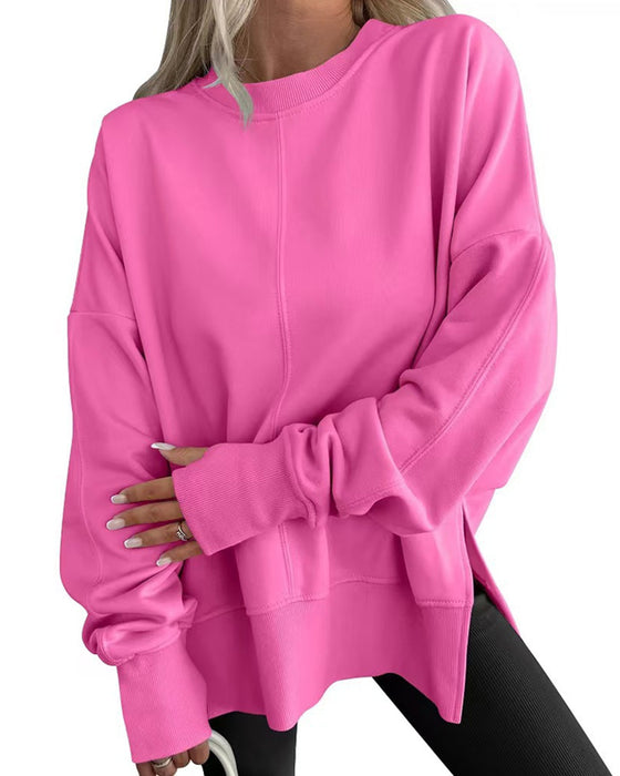 Bluza Boczne Rozcięcie Okrągły Dekolt Luźny