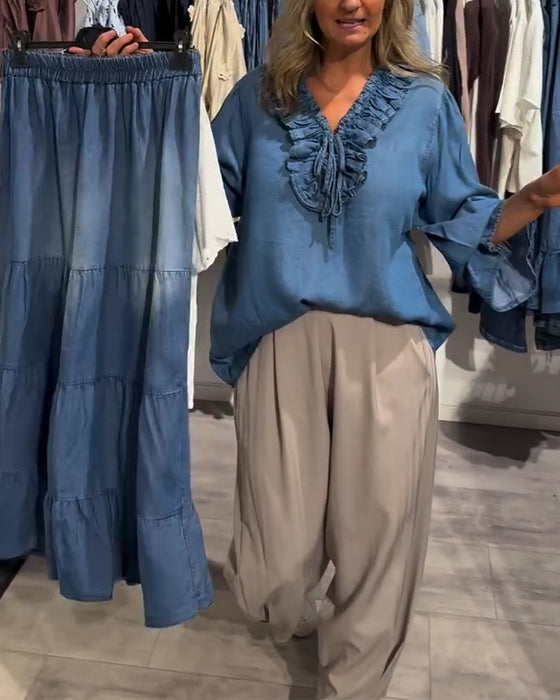 Bluza Falbanka Brzeg Wiązać Denim