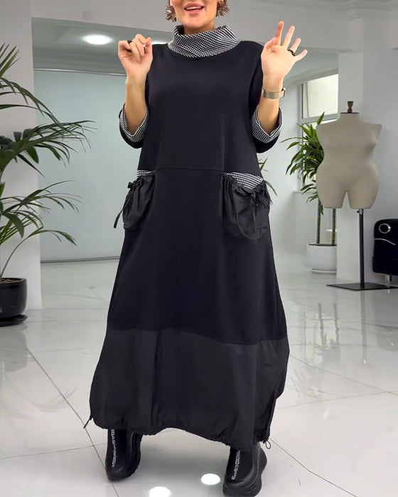 Sukienka w kratę z wysokim kołnierzem i kieszeniami