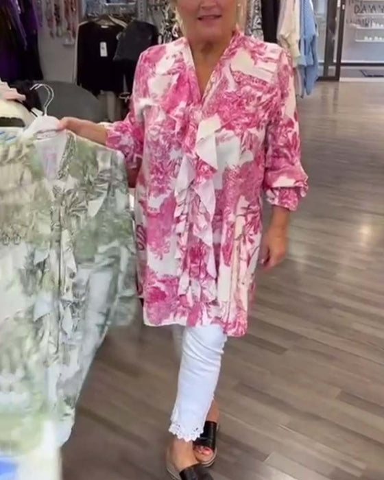 Swobodna bluzka z nadrukiem i falbaną