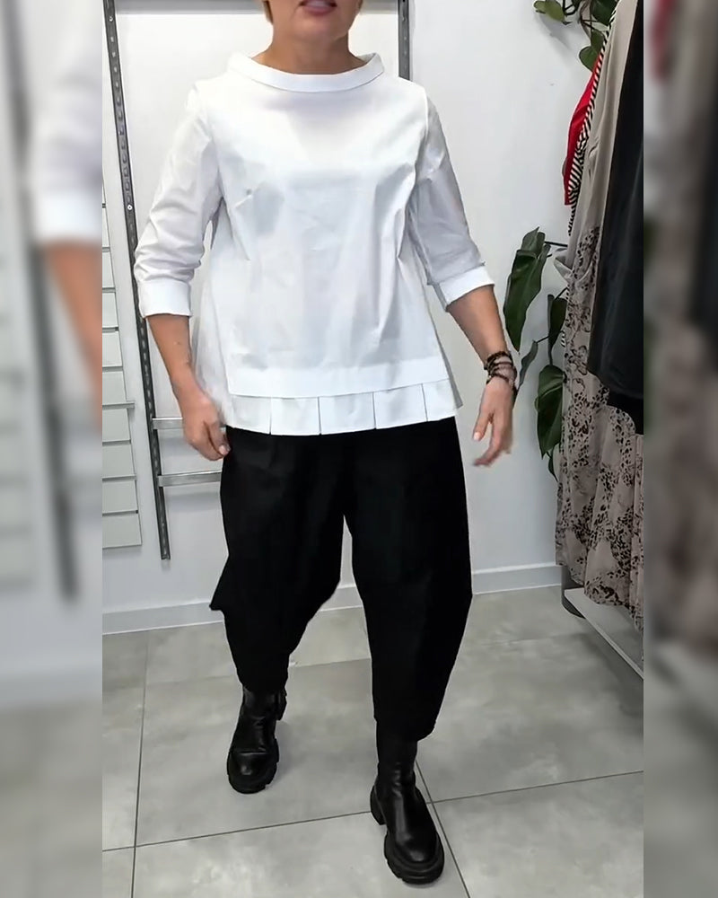 Bluzka Szeroki Kołnierz Jednolity Kolor Casual