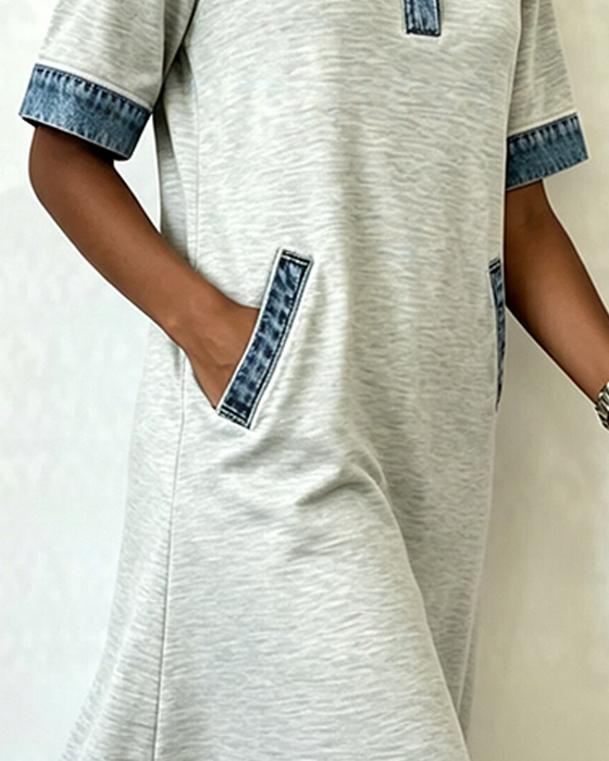Sukienka Kołnierz Koszuli Denim Patchwork Kieszeń