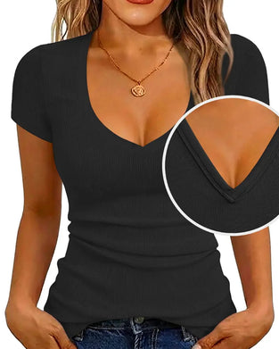 T-Shirt Żebrowany Slim Fit Dekolt W Kształcie Litery V Krótki Rękaw