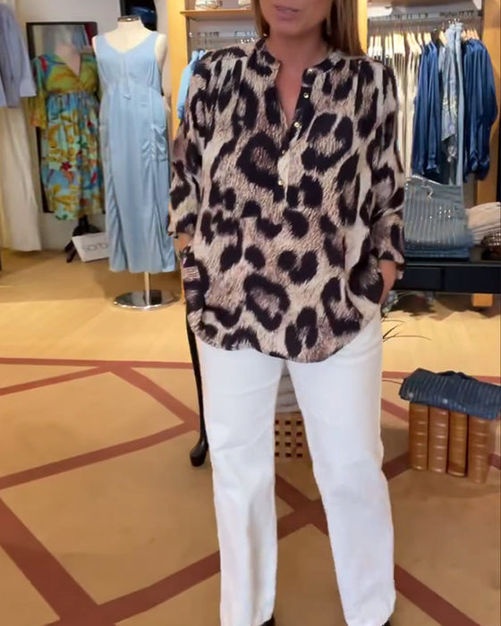 Bluzka Luźna Leopardzi Print Pół Guzik
