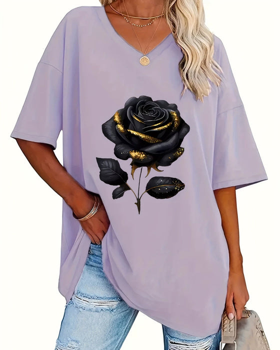 T-Shirt Wzór Róża Luźny Krój Półrękawek