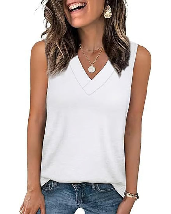 Top T-Shirt Damskie Bez Rękawów Dekolt V Wyszczuplający Luźny Krój Casual