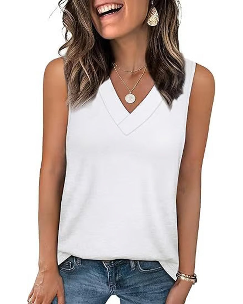 Top T-Shirt Damskie Bez Rękawów Dekolt V Wyszczuplający Luźny Krój Casual