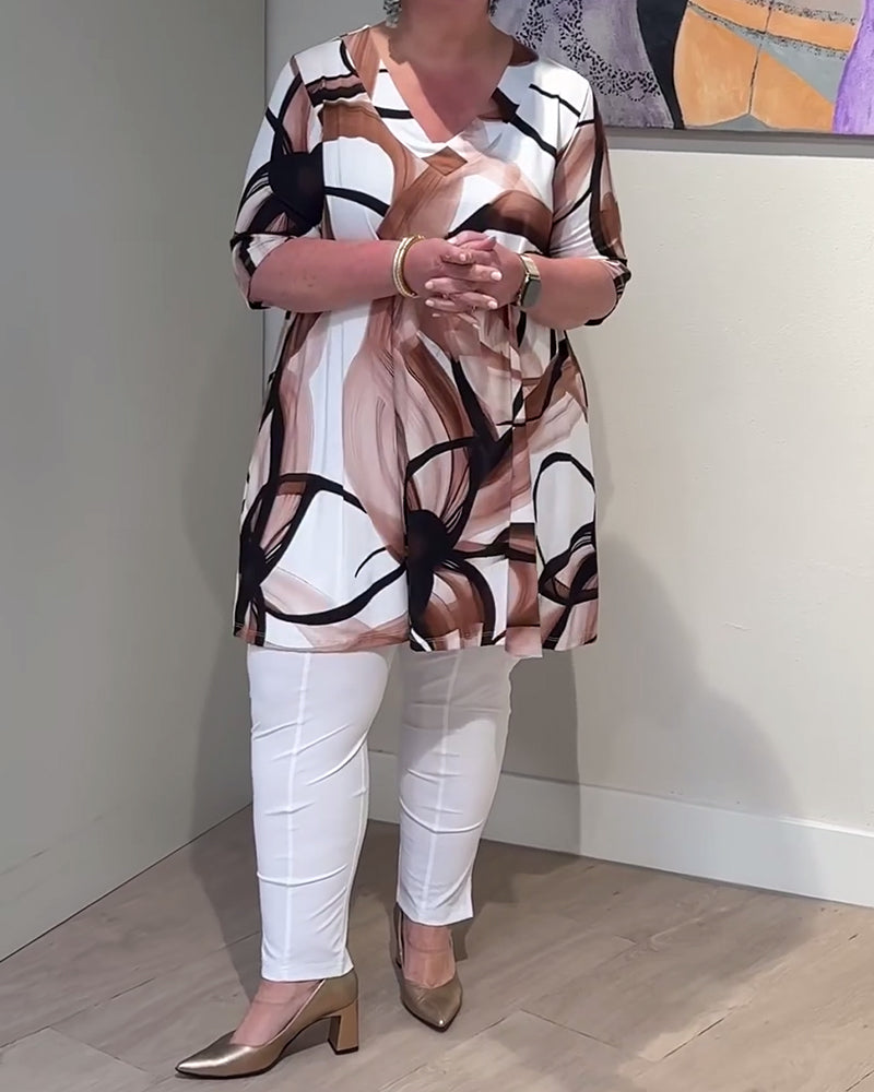 T-Shirt Casual V Dekolt Drukowany Półrękaw