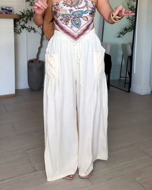 Spodnie Sznurek Plisowana Kieszeń Szeroka Noga