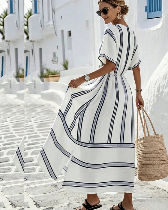 Sukienka Elegancki Wyrafinowany W Paski Krzyż Talia