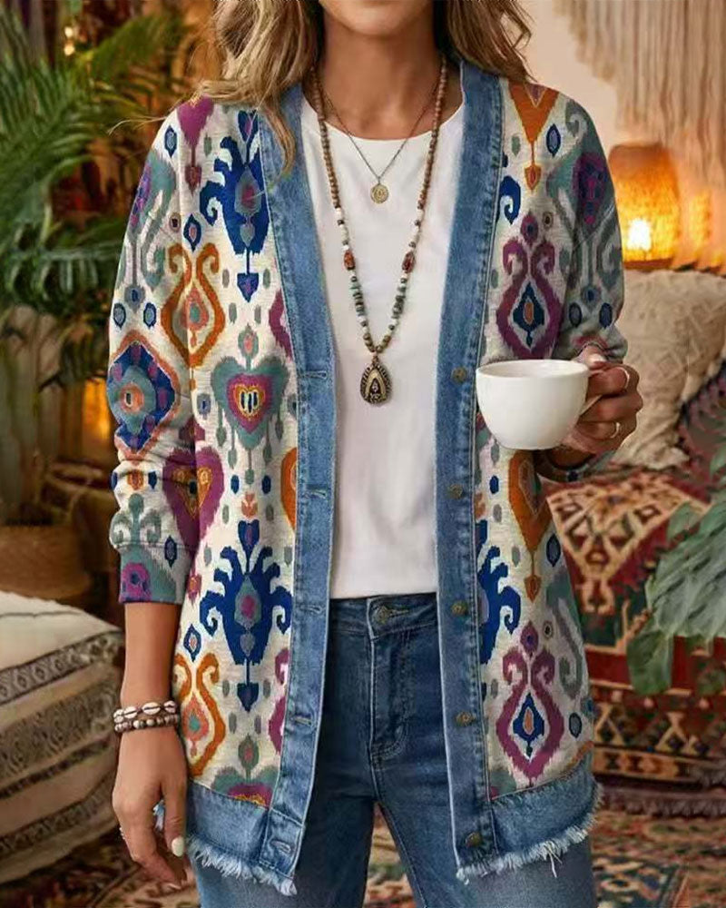Płaszcz Bohemian Denim Patchwork Kwiatowy