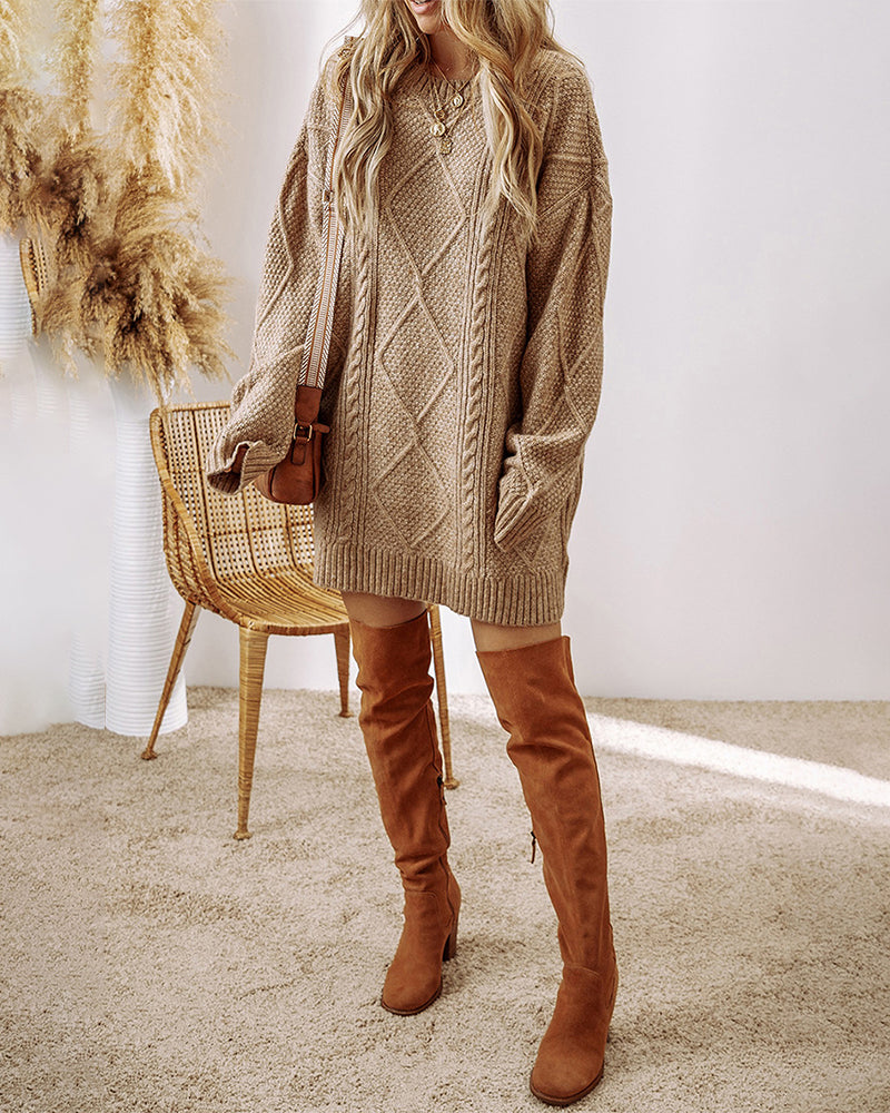 Sukienka swetrowa casualowa z okrągłym dekoltem w jednolitym kolorze