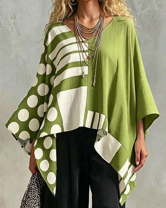 Bluzka Polka Dot Pasek Patchwork V Szyja