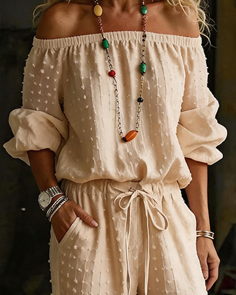 Jumpsuit Żakard Off-Shoulder Szeroka Noga