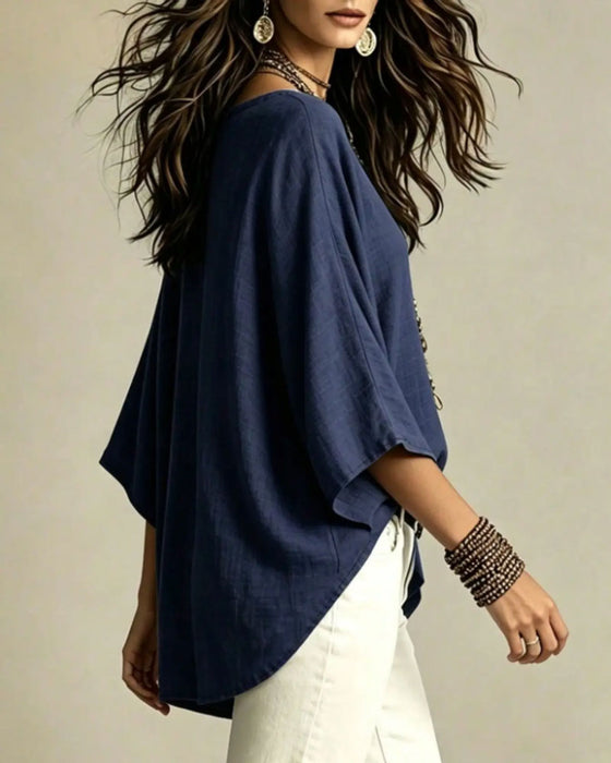 Blouse V-Dekolt Trzyczwarty Rękaw Luźny