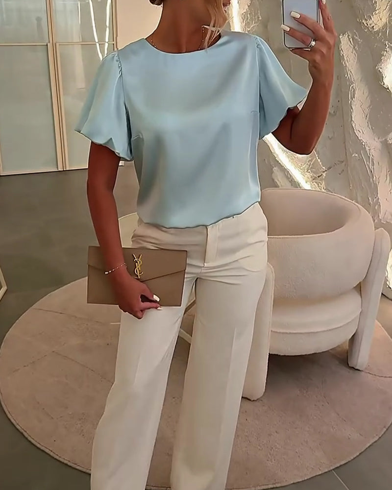 Bluzy Satyna Krótki Rękaw Drapowanie