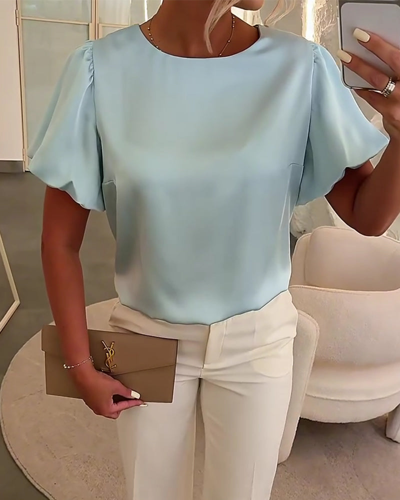 Bluzy Satyna Krótki Rękaw Drapowanie