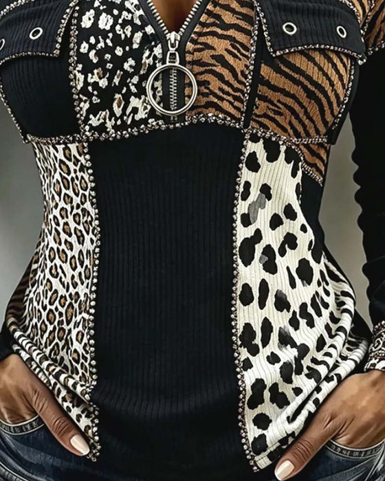 Top Lampart Patchwork Pół Zamek Błyskawiczny Z Kapturem