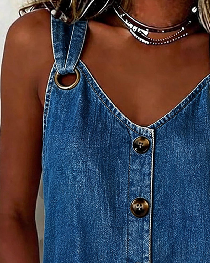 Tank Top Metalowa Klamra V-Szyjka Denim