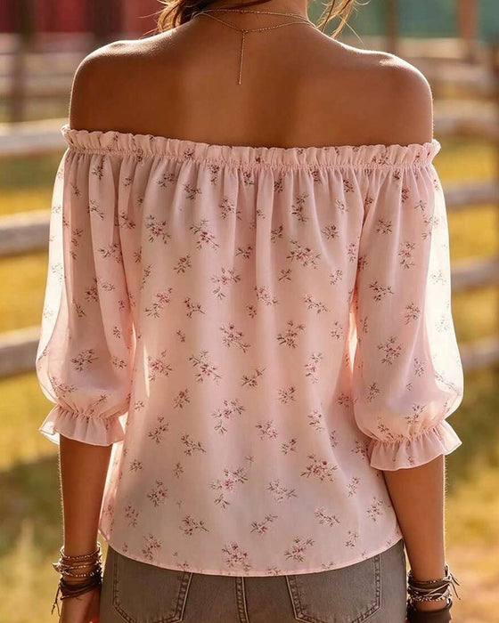 Bluzka Off-Shoulder Kwiatowy Trzy Czwarte Rękaw
